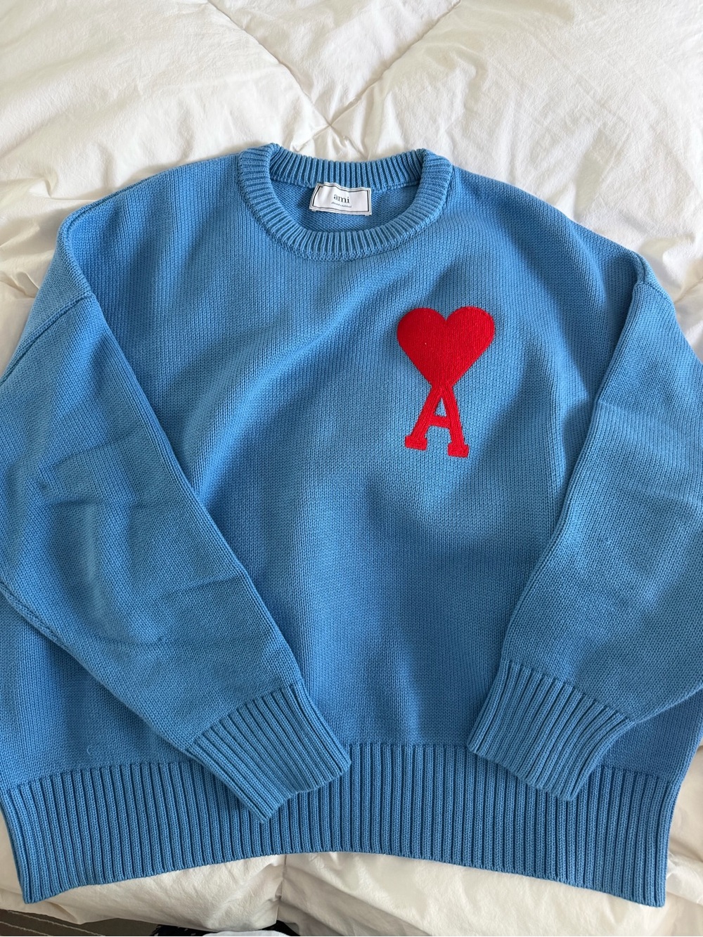 Ami Light Blue Crewneck Sweater with Red Heart 'A' Logo